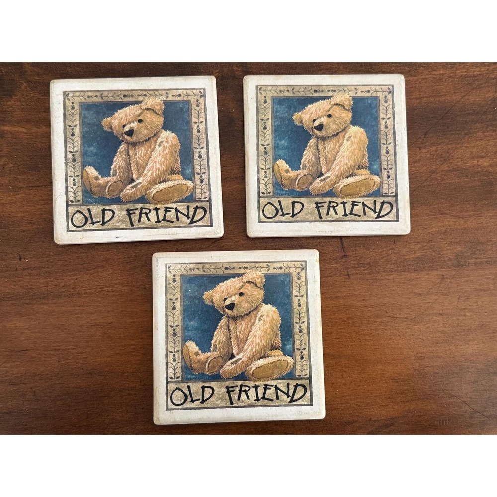 Vintage Set of 3 Stone Ceramic Coasters Teddy Bear Old Friend | Cottage Core